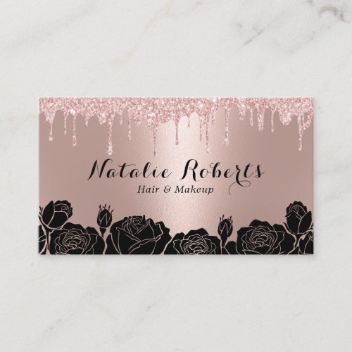 Glam Rose Gold Drips Black Floral Modern Salon Spa Business Card