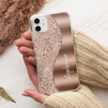 Glam Rose Gold Faux Foil Leopard Spots Name iPhone 13 Case<br><div class="desc">This design features a chic rose gold and blush metallic leopard spot pattern sprinkled with sparkly white holographic faux glitter on the left, and a rose gold faux foil image on the right in the shape of a wave bordered with rose gold faux glitter. Personalize it with your name or...</div>