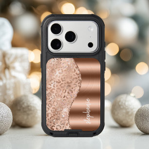 Glam Rose Gold Faux Foil Leopard Spots Name iPhone 17 Pro Case