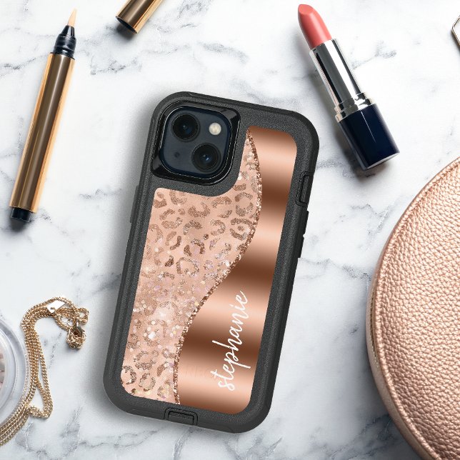 Glam Rose Gold Faux Foil Leopard Spots Name Otterbox iPhone Case (Creator Uploaded)
