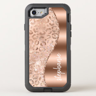 Glam Rose Gold Faux Foil Leopard Spots Name OtterBox Defender iPhone SE/8/7 Case