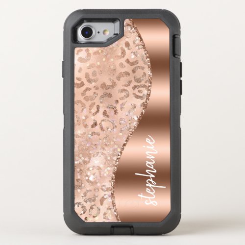 Glam Rose Gold Faux Foil Leopard Spots Name OtterBox Defender iPhone SE87 Case