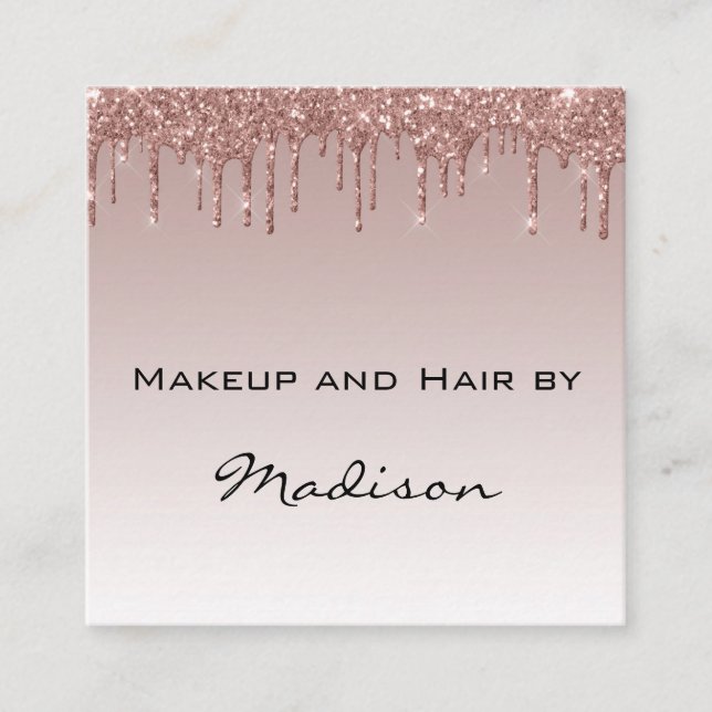Glam Rose Gold Faux Glitter Drips Makeup Artist Square Business Card (Front)
