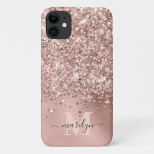 Glam Rose Gold Faux Glitter Foil Monogram iPhone 11 Case