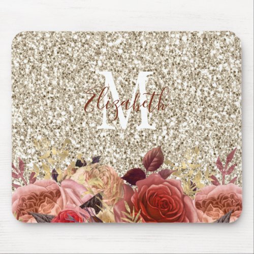 Glam Rose Gold Floral Monogram Light Gold Glitter Mouse Pad - This mouse pad features a girly monogram design. It design features rose gold and peach flowers on a faux champagne colored glitter background. Personalize with your monogram and name.