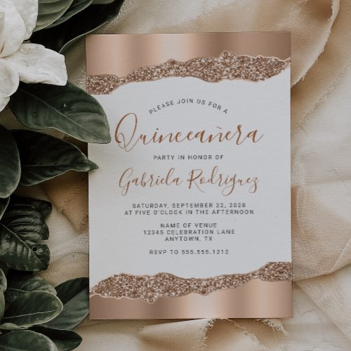 Glam Rose Gold Foil Glitter Quinceaera Invitation