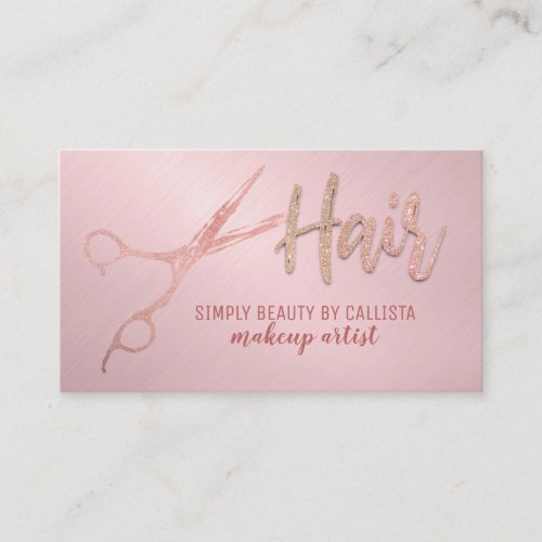 Glam Rose Gold Foil Glitter Scissors Hair Stylist Business Card