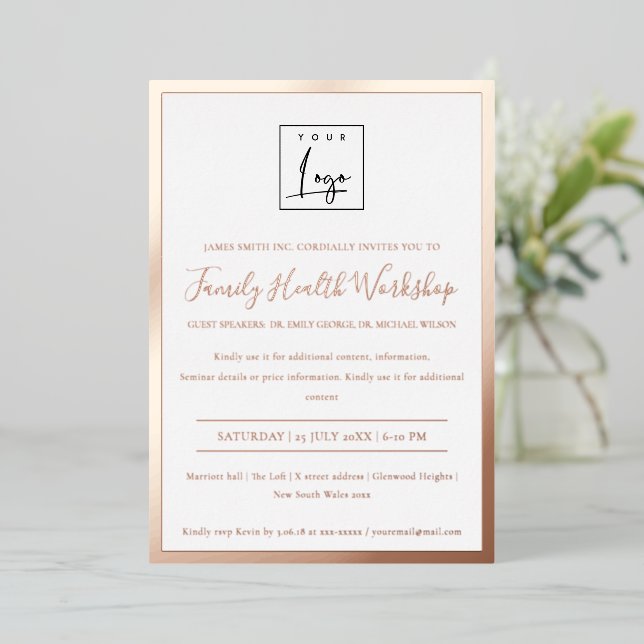 Glam Rose Gold Foil Your Logo Workshop Gala Event  Invitation (Standing Front)