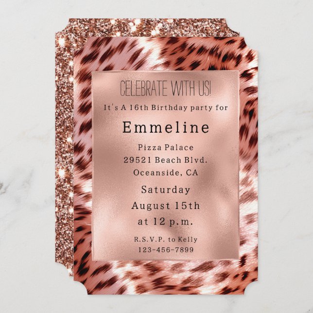 Glam Rose Gold Fur Leopard  Invitation (Front/Back)