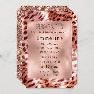 Glam Rose Gold Fur Leopard  Invitation