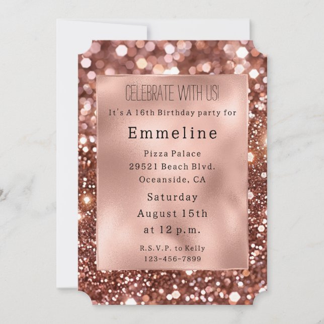 Glam Rose Gold Glitter 16th Birthday Invitation (Front)
