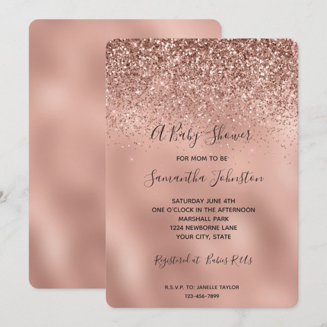 Glam Rose Gold Glitter Baby Shower Invitation (Front/Back)