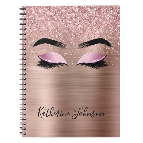 Glam Rose Gold Glitter Beauty Lashes Monogram Notebook