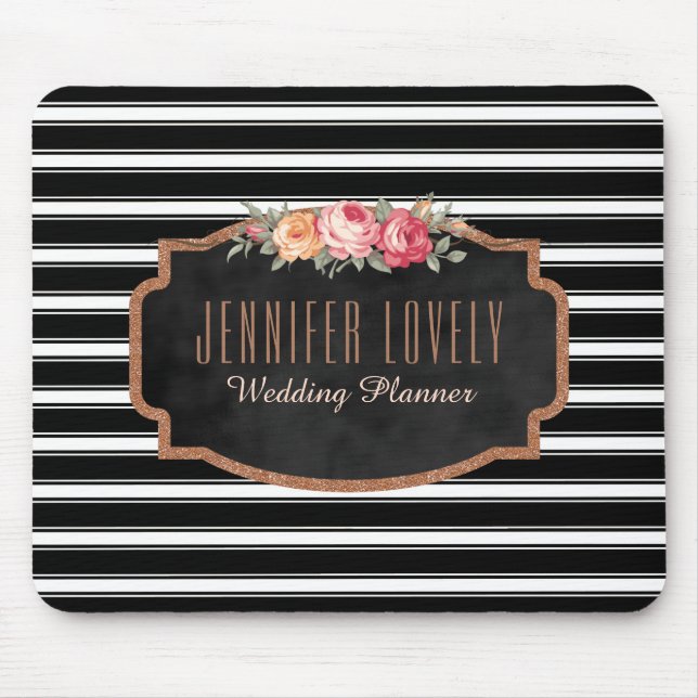 Glam Rose Gold Glitter Black Stripes  | Monogram Mouse Pad (Front)
