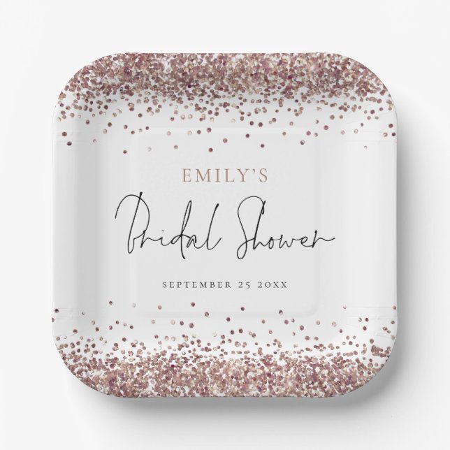 Glam Rose Gold Glitter Bridal Shower Paper Plates (Front)