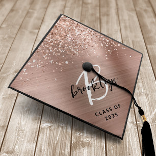 Glam Rose Gold Glitter Brushed Metal Monogram Graduation Cap Topper
