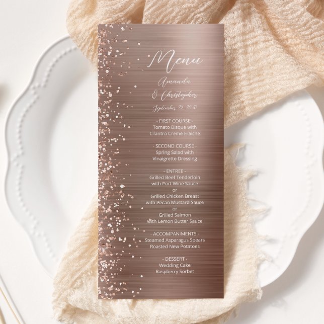 Glam Rose Gold Glitter Brushed Metal Wedding Menu (Creator Uploaded)