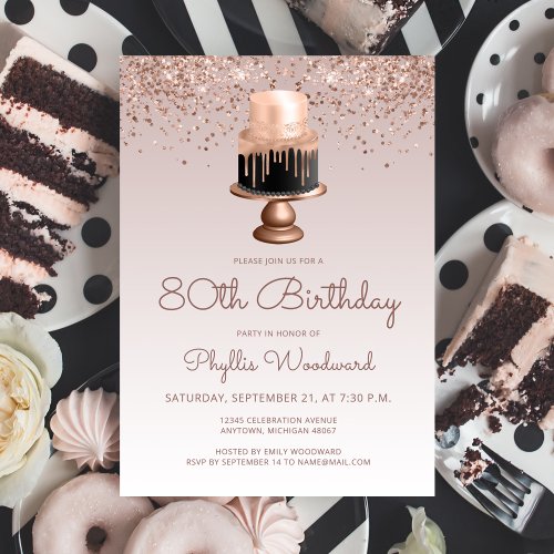 Glam Rose Gold Glitter Cake 80th Birthday Party Invitation