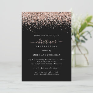 Glam Rose Gold Glitter Christmas Party Black Invit Invitation