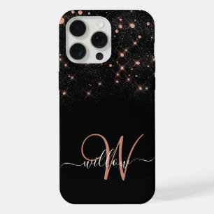 Glam Rose Gold Glitter Diamond Elegant Monogram iPhone 15 Pro Max Case