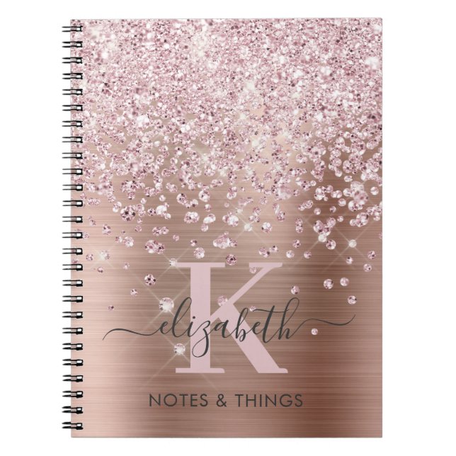 Glam Rose Gold Glitter Diamond Script Monogrammed Notebook (Front)