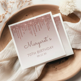 Glam Rose Gold Glitter Drip 70th Birthday Party Napkins