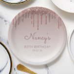 Glam Rose Gold Glitter Drip 80th Birthday Party Paper Plates<br><div class="desc">These chic,  elegant 80th birthday party paper plates feature a sparkly rose gold faux glitter drip border and rose gold ombre background. Personalize them with the guest of honor's name in dark rose handwriting script,  with her birthday and date below in sans serif font.</div>