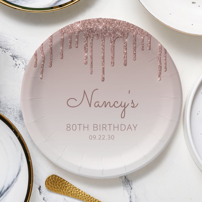 Glam Rose Gold Glitter Drip 80th Birthday Party Paper Plates (Creator Uploaded)