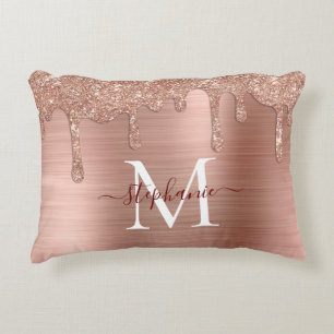 Glam Rose Gold Glitter Drip Elegant Monogram Accent Pillow