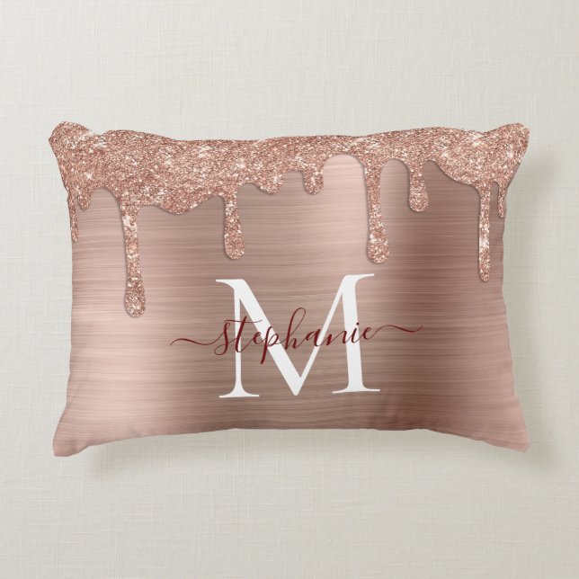 Glam Rose Gold Glitter Drip Elegant Monogram Accent Pillow (Front)