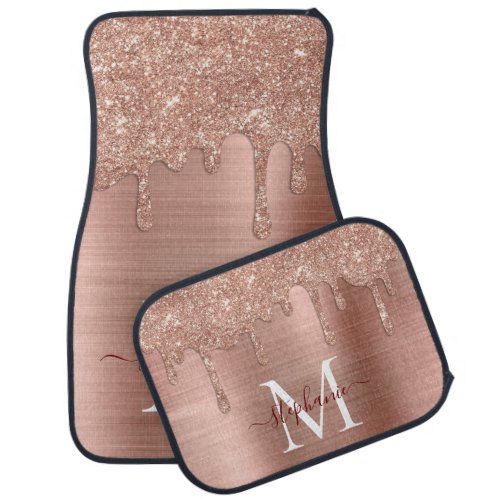 Glam Rose Gold Glitter Drip Elegant Monogram Car Floor Mat