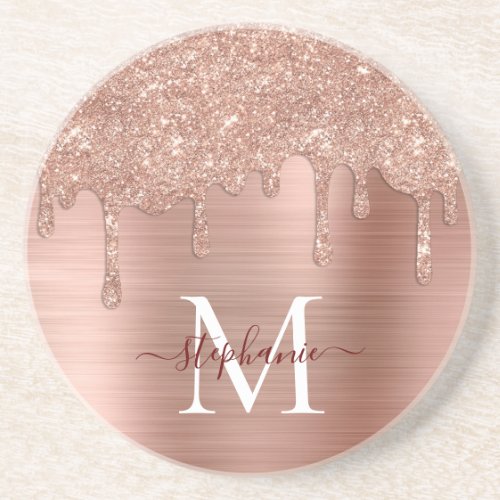 Glam Rose Gold Glitter Drip Elegant Monogram Coaster