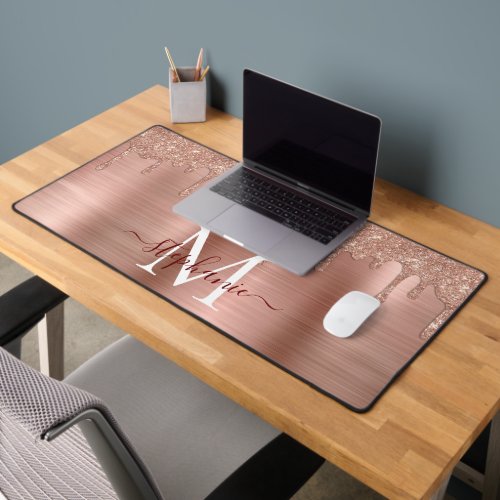 Glam Rose Gold Glitter Drip Elegant Monogram Desk Mat