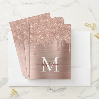 Glam Rose Gold Glitter Drip Elegant Monogram Pocket Folder