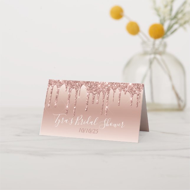 Glam Rose Gold Glitter Drip Elegant Personalized Place Card (Back)