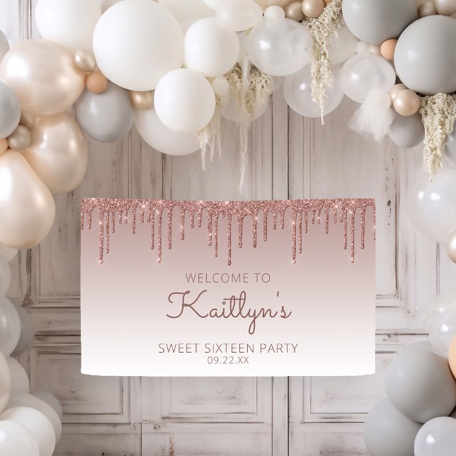 Glam Rose Gold Glitter Drip Sweet 16 Party Banner (Creator Uploaded)