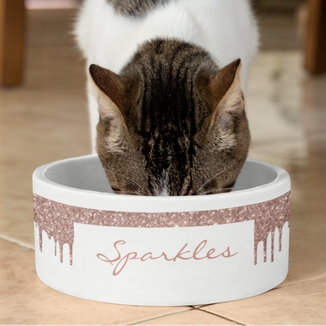 Glam Rose Gold Glitter Drips Chic Pet Dog Bowl (Creator Uploaded)