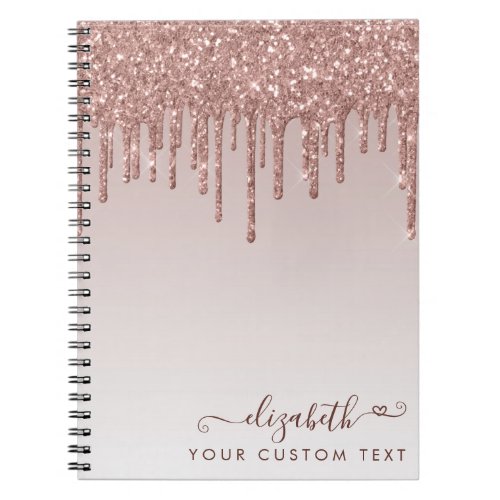 Glam Rose Gold Glitter Drips Elegant Heart Script Notebook
