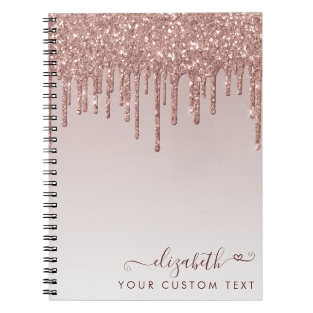 Glam Rose Gold Glitter Drips Elegant Heart Script Notebook (Front)