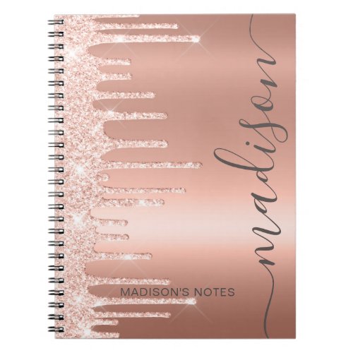 Glam Rose Gold Glitter Drips Monogram Script Notebook