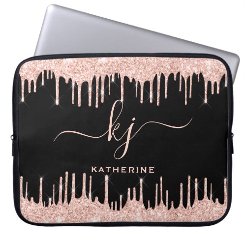 Glam Rose Gold Glitter Drips Monogrammed Laptop Sleeve