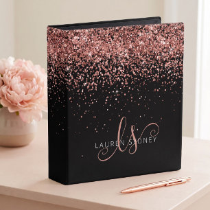 Glam Rose Gold Glitter Elegant Monogram 3 Ring Binder
