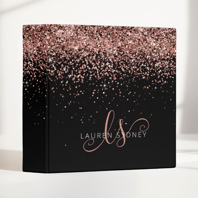 Glam Rose Gold Glitter Elegant Monogram 3 Ring Binder (Creator Uploaded)