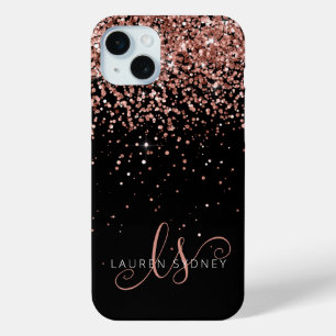 Glam Rose Gold Glitter Elegant Monogram iPhone 15 Plus Case