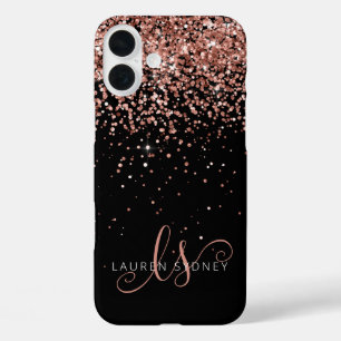 Glam Rose Gold Glitter Elegant Monogram iPhone 16 Plus Case