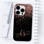 Glam Rose Gold Glitter Elegant Monogram Case-Mate iPhone 14 Pro Case<br><div class="desc">Glam Rose Gold Glitter Elegant Monogram iPhone Case. Easily personalize this trendy chic phone case design featuring elegant rose gold sparkling glitter on a black background. The design features your handwritten script monogram with pretty swirls and name.</div>