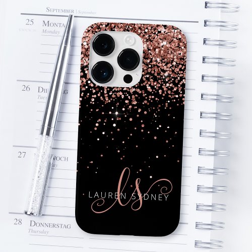 Glam Rose Gold Glitter Elegant Monogram Case_Mate iPhone 14 Pro Case