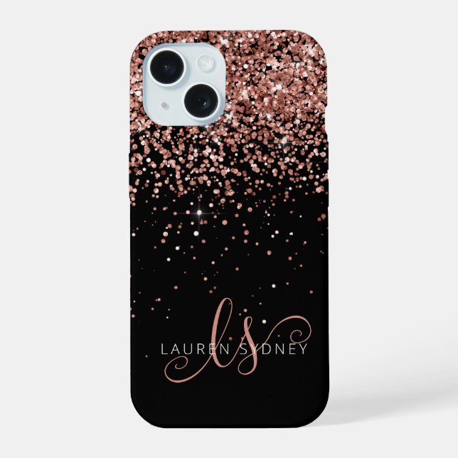 Glam Rose Gold Glitter Elegant Monogram iPhone 15 Case (Back)