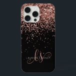 Glam Rose Gold Glitter Elegant Monogram iPhone 15 Pro Max Case<br><div class="desc">Glam Rose Gold Glitter Elegant Monogram iPhone Case. Easily personalize this trendy chic phone case design featuring elegant rose gold sparkling glitter on a black background. The design features your handwritten script monogram with pretty swirls and name.</div>