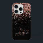 Glam Rose Gold Glitter Elegant Monogram iPhone 15 Pro Case<br><div class="desc">Glam Rose Gold Glitter Elegant Monogram iPhone Case. Easily personalize this trendy chic phone case design featuring elegant rose gold sparkling glitter on a black background. The design features your handwritten script monogram with pretty swirls and name.</div>